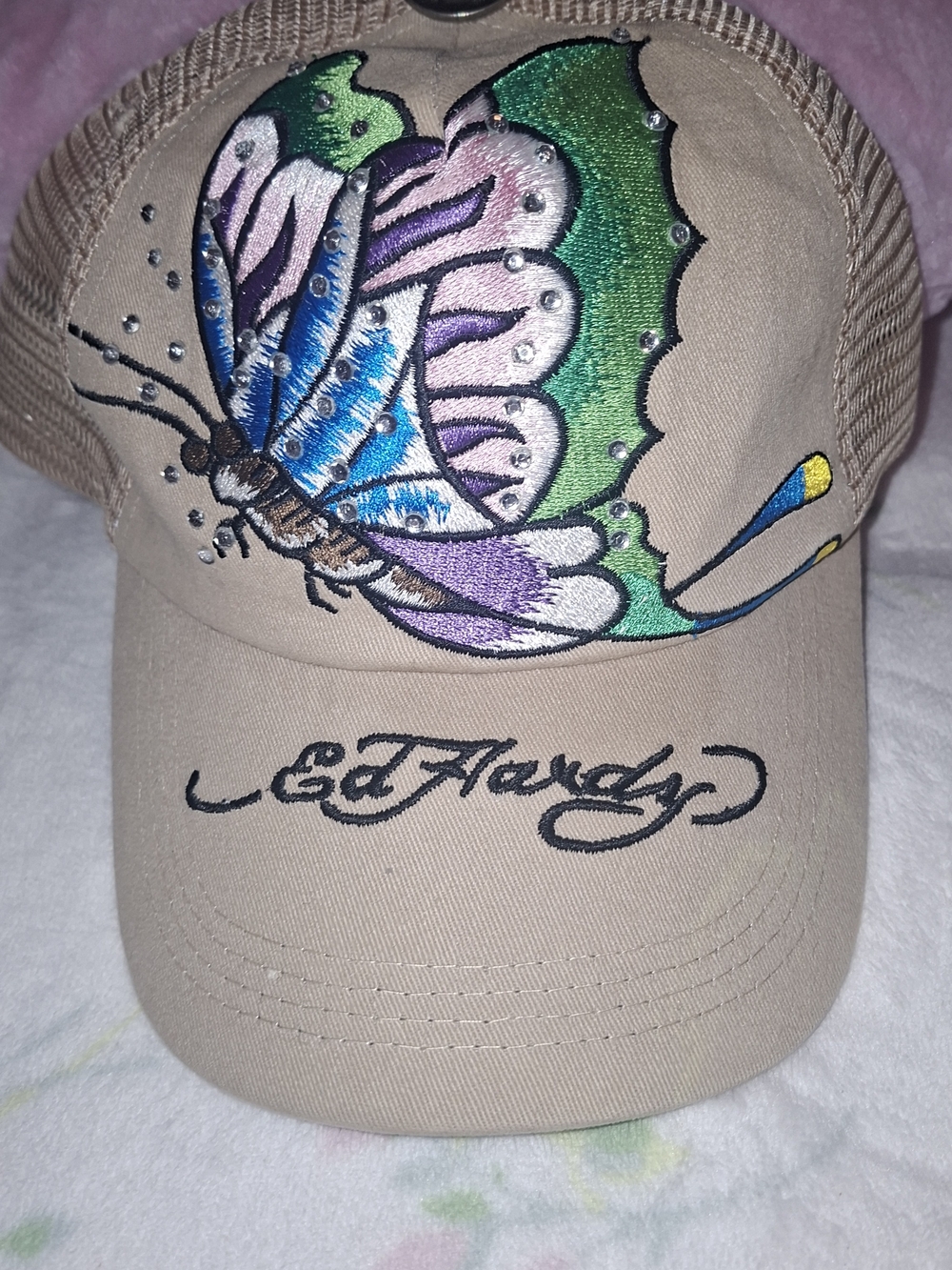 Ed Hardy Kids Beige Butterfly Trucker Hat - Multicolor Embroidery